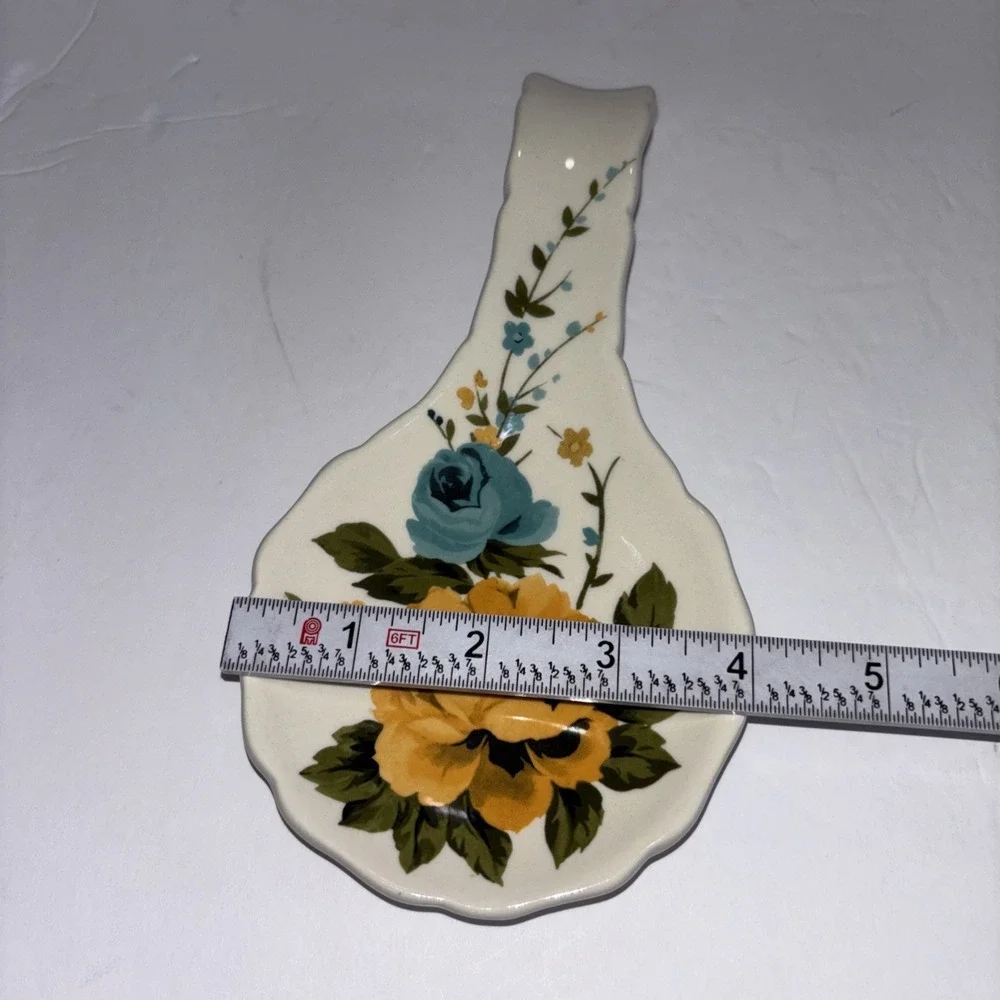 Pioneer Woman Retro Rose Shadow Yellow Floral Stoneware Spoon Holder  8.75